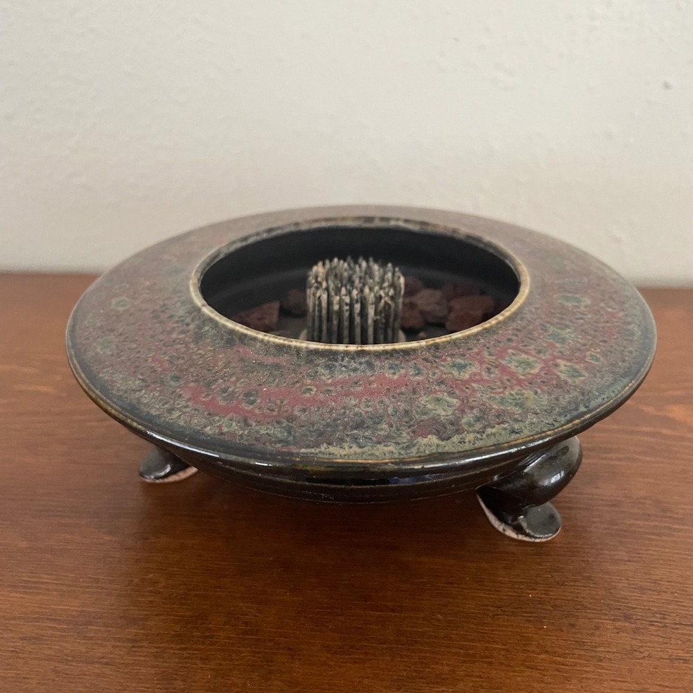 VTG 90s Artist Signed Ikebana Round Tripod Ceramic Vase w/ Multicolor Glaze 5.5"
